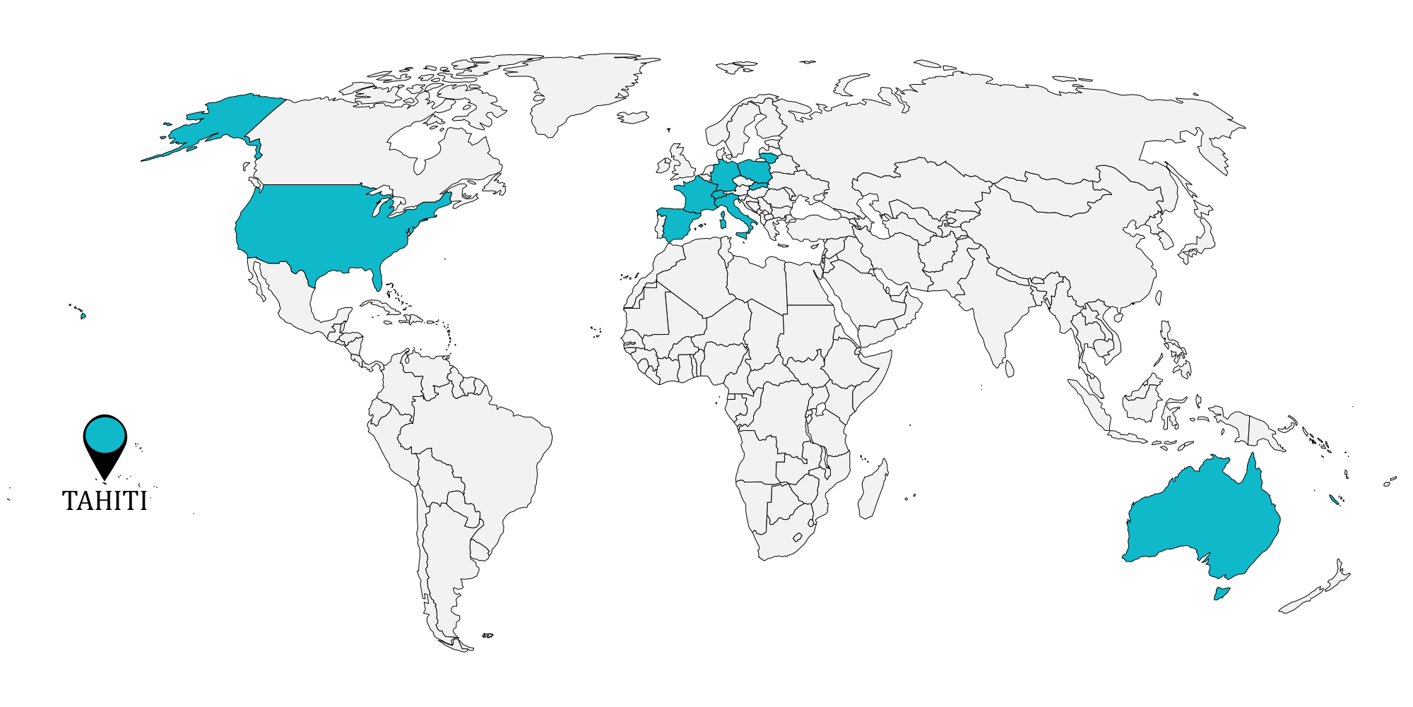 World map highlighting the countries to which Mihiarii Pearls has already made deliveries